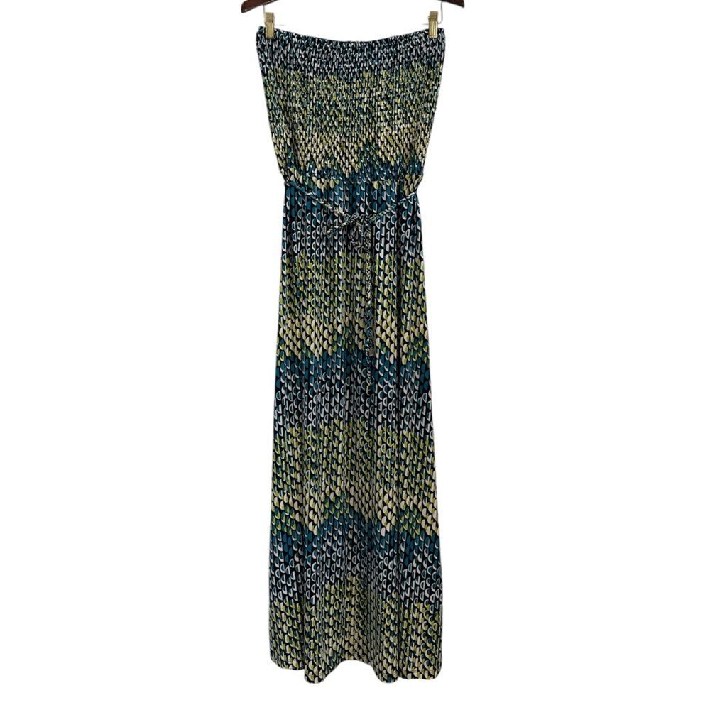 Anne Klein blue green white geometric stretch strapless smocked maxi dress large